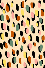 simple seamless pattern of chaotic abstract multicolored and black ink stains hand drawing on pink background. Printing on fabric, wallpaper, cover, paper, template