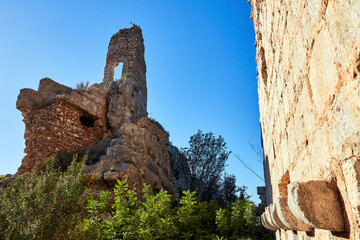 Obraz premium beautiful view of the ruins and the main tower among vegetation of the Muslim fortification of the castle of Marinyén on the mountain in Benifairó de la Valldigna, Valencian Community, Spain