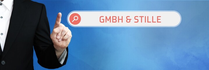 GmbH & Stille. Anwalt zeigt mit Finger auf Suchfeld im Internet-Browser. Text steht in der Suche.