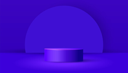 Cylinder podium with paper cut geometric shapes and shadow on purple background. Minimal scene with geometrical forms for product presentation