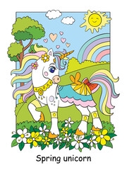Cute spring unicorn with flowers colorful vector