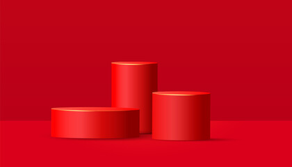 Color abstract mock up with cylinder podium or platform on red background. Minimal scene with geometrical forms for product presentation. Vector illustration