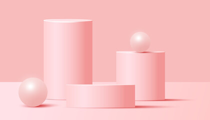 Minimal abstract scene with podium or platform, air flying geometric bubble shapes on pink background. Minimal scene with geometrical forms for product presentation. Vector illustration