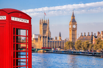 Fototapeta na wymiar London symbols with BIG BEN, DOUBLE DECKER BUSES and Red Phone Booth in England, UK