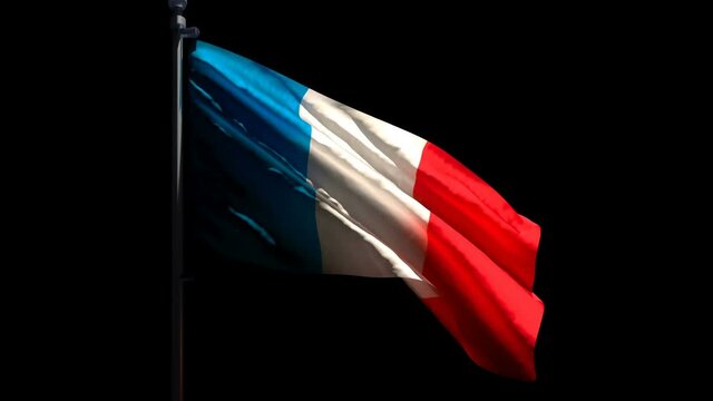 The national flag of France is flying in the wind against a black background