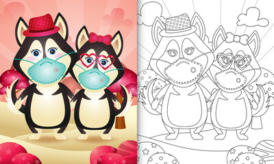 coloring book for kids with Cute valentine's day husky dog couple using protective face mask