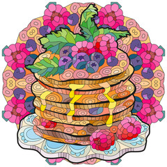 Vector pancakes with raspberries, blueberries and mint leaves on mandala.