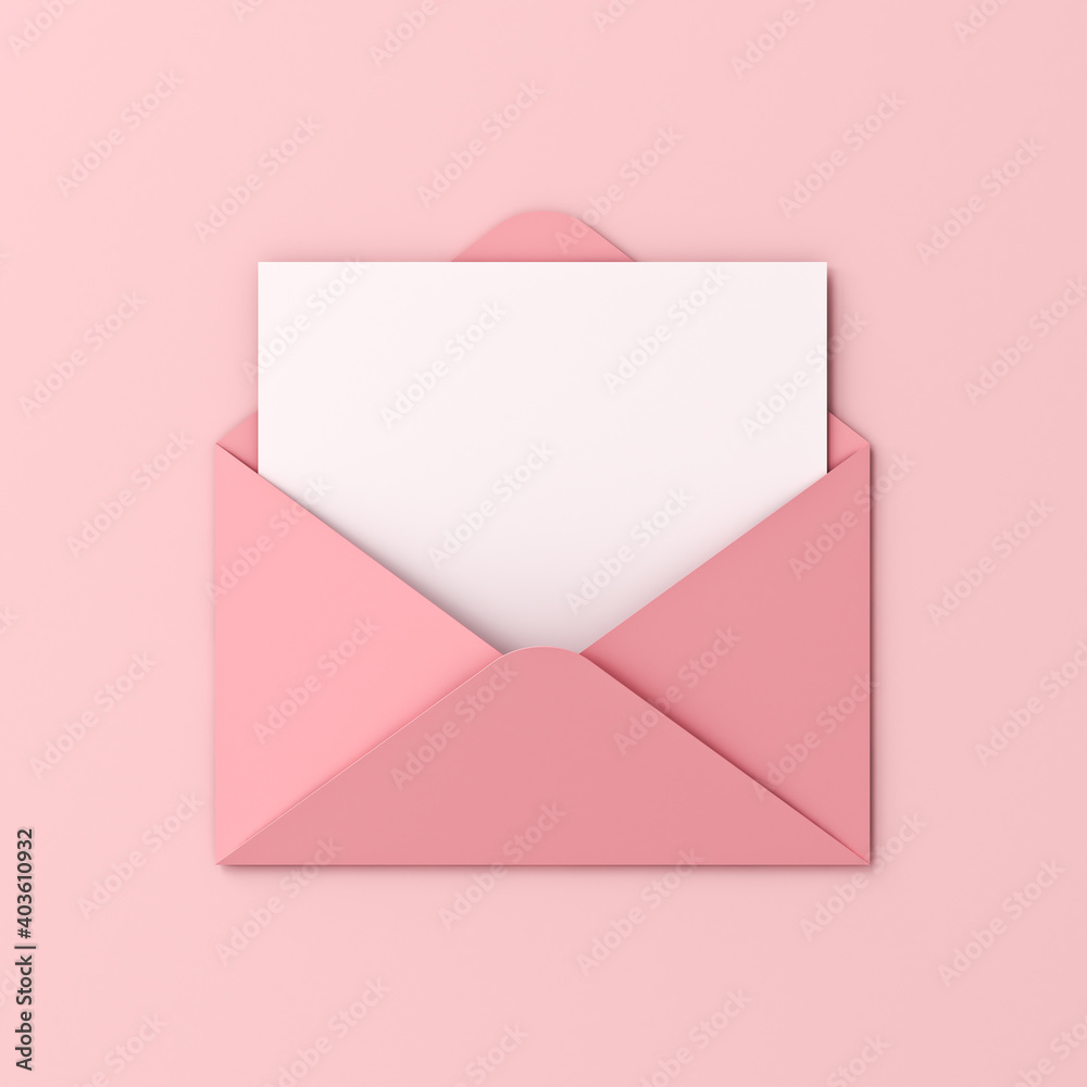 Aufkleber blank white card in pink envelope isolated on pink pastel color background with shadow love letter m