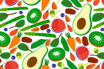 Vegan vegetarian background. Fruits and vegetables background avocado kiwi spinach chard raw cacao goji berry bean sprout illustration.