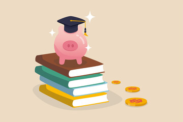 Fototapeta Education fund, collect money for school, college and university cost or student scholarship or loan concept, pink piggy bank wearing graduated hat on stack on school textbooks and dollar money coins. obraz