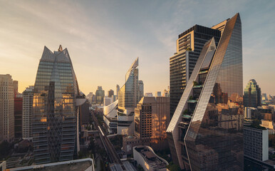 Aerial view of Ploenchit, Bangkok Downtown. Financial district and business centers in smart urban...