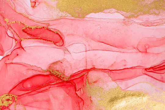 Abstract Layers Of Red Paint Background. Pink And Gold Watercolor Pattern.