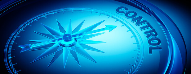X-ray compass with needle pointing to the word control - 3D illustration