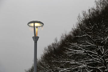 Glowing led lamp covered in icicles on dark sky and winter trees background. Electric lighting at evening, energy-saving street lantern