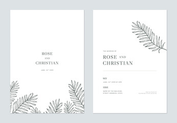 Minimal floral wedding invitation card template design, vintage palm leaves line art ink drawing on white
