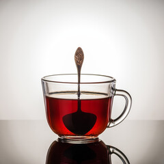 Black tea in a glass cup with a handle and a teaspoon. Photo taken in studio