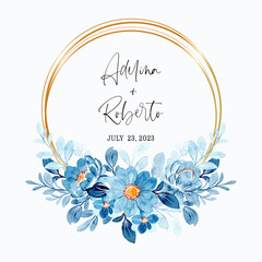 Save the date. Beautiful blue floral wreath watercolor with golden frame
