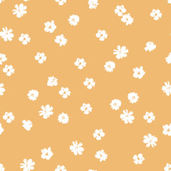 Small white flowers on a mustard background seamless pattern design. Trendy illustrated vector pattern for brand identity, stationery, wrapping, and wallpapers. Minimalistic floral background.