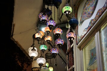 Beautiful colorful lamps in the gift shop, Grand Bazaar / Kapalıçarşı, Istanbul, Turkey,...