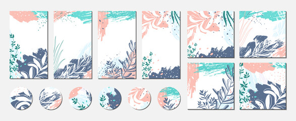 Set of templates for social media posts, stories, banners, branding design. Abstract floral vector backgrounds with organic shapes, plants, leaves. Modern botanical illustrations with paint textures 
