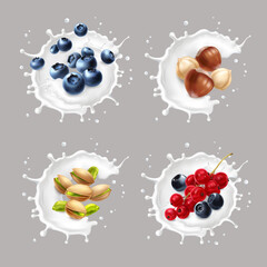 Fototapeta na wymiar Nuts and berries in milk splash. Hazelnuts, pistachio, blueberry, red currant