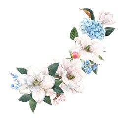 Beautiful stock illustration with gentle hand drawn watercolor floral composition. Magnolia and hydrangea flowers.