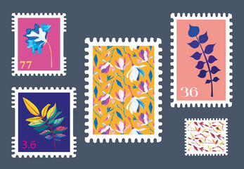 Set of beautiful hand-drawn post stamps. Variety of modern vector isolated post stamp designs. Floral post stamps. Mail and post office conceptual drawing.