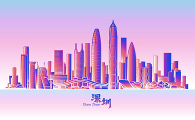 Vector illustration of a group of landmark buildings in Shenzhen, China, Chinese character "Shenzhen" handwritten in calligraphy