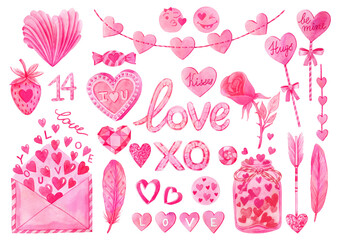 Valentines day decorations. Hearts, flowers, title, sweets. Watercolor hand drawn pink elements design. Can be used as print, postcard, invitation, greeting card, packaging design, textile, stickers.