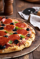 Pepperoni Pizza With Olives and Peppers