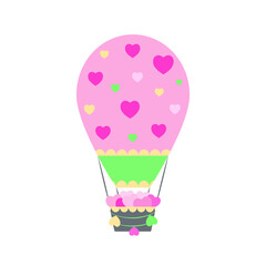 Cute cartoon air balloon illustration with basket and hearts on white background. Kids decoration. Travel, adventure concept. Valentines symbol.