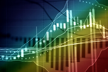 Stock market data on digital LED display. A number of daily market price and quotation of prices chart and candle stick tracking in Forex trading.