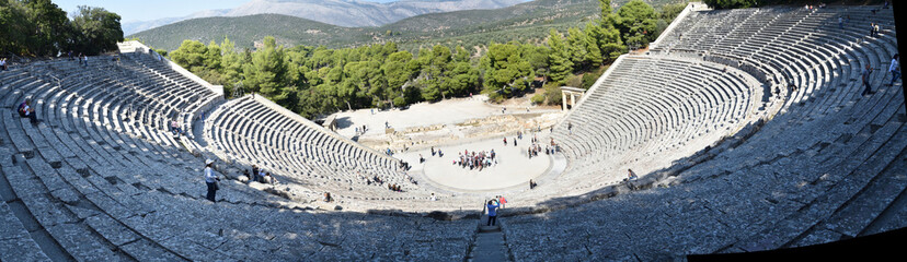 Panoramic view of the main monuments and places of Greece. Ruins of the theater of Epidaurus
