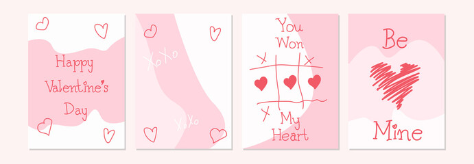 Valentine`s Day cards set with hand drawn hearts. Hand drawn lettering. Doodles and sketches vector vintage illustrations. Design for valentine and wedding. Be mine. You won my heart. 