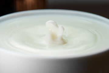Milk drop falls into the filled cup.