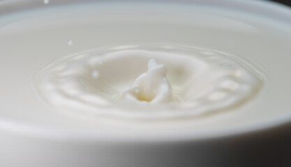 Fototapeta na wymiar Milk drop falls into the filled cup.