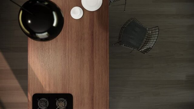 retro kitchen interior design, contemporary room concept, bird’s eye view shot, video 4k 3d animation