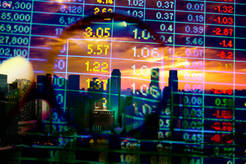Fundamental and technical analysis for professional technical trading as concept. Digital graph of financial instruments with some indicators including of MACD. EMA and the volume analysis.