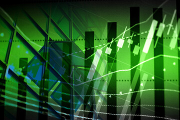 Fundamental and technical analysis for professional technical trading as concept. Digital graph of financial instruments with some indicators including of MACD. EMA and the volume analysis.
