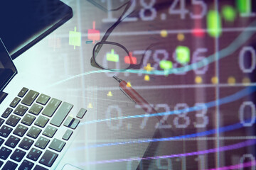 Fundamental and technical analysis for professional technical trading as concept. Digital graph of financial instruments with some indicators including of MACD. EMA and the volume analysis.