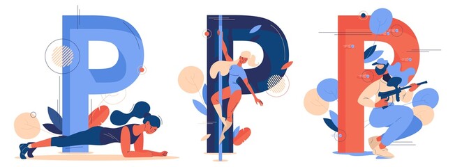 Letter P for pole dance, plank pose and paintball game. Large alphabet characters in blue and orange with females exercising