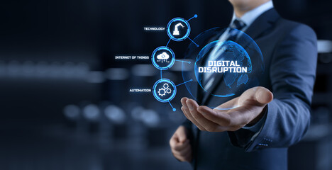 Digital disruption industry transformation technology revolution concept. Businessman pressing button on screen.