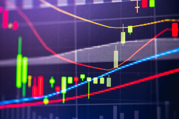 Fundamental and technical analysis for professional technical trading as concept. Digital graph of financial instruments with some indicators including of MACD. EMA and the volume analysis.