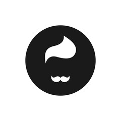 Silhouette of man's head with hair style and moustache in black circle.
