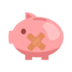 Broken piggy bank with adhesive plaster in flat design. Money broke concept vector illustration on white background.