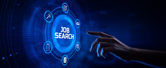 Job Search Send CV Recruitment Hearing Employment. Hand pressing button on screen.