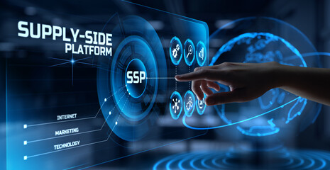 SSP Supply side platform digital marketing internet advertising concept. Hand pressing button on screen.