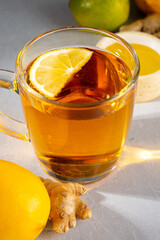 Hot herbal tea with ginger, lemon and honey