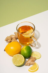Hot herbal tea with ginger, lemon and honey