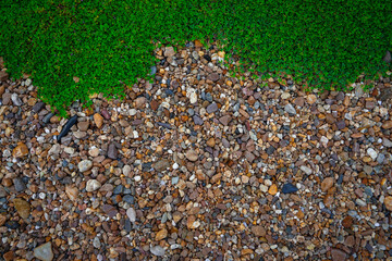 stone river background covered with grass on the top of the picture.